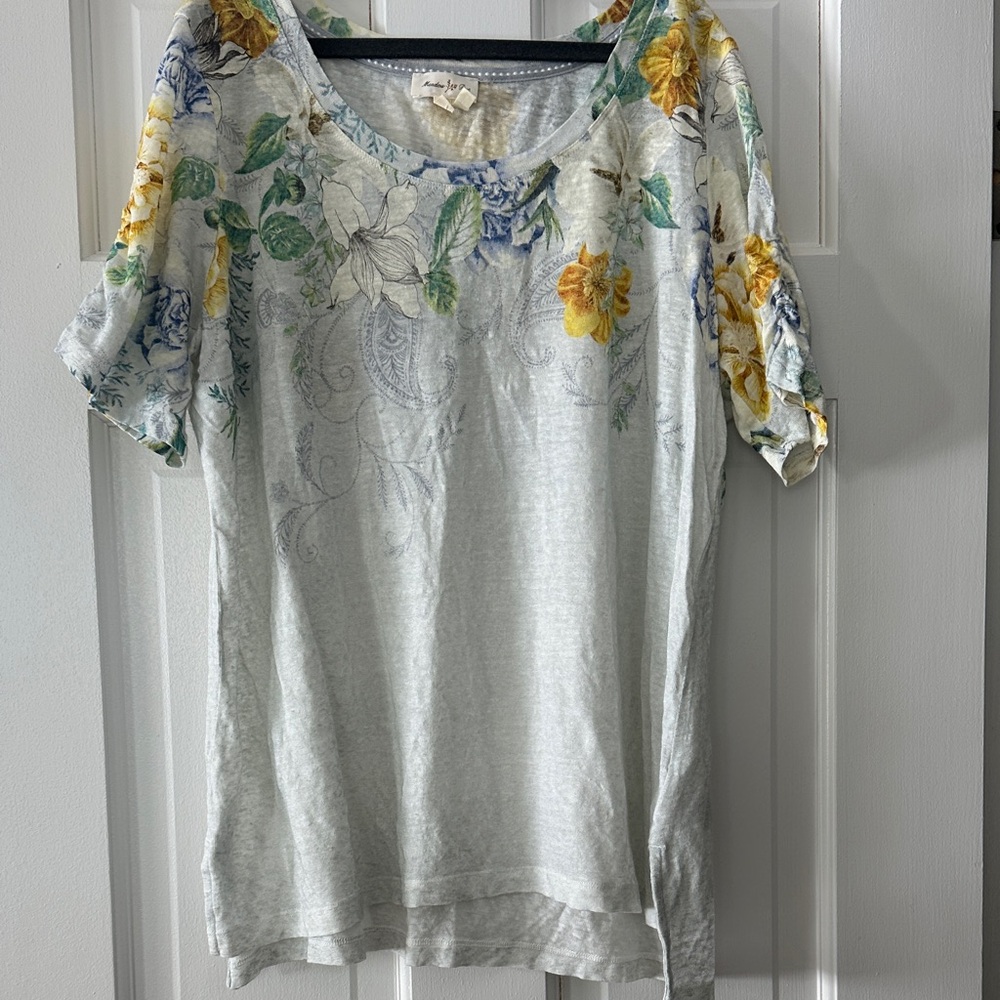 Meadow Rue Yellow and Green Floral Short Sleeve Top